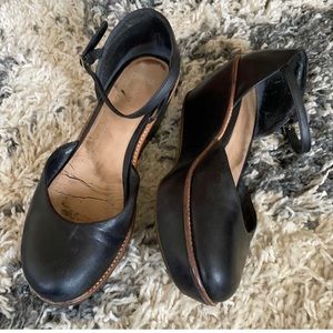 Camper leather platform ankle strap wedges size 9